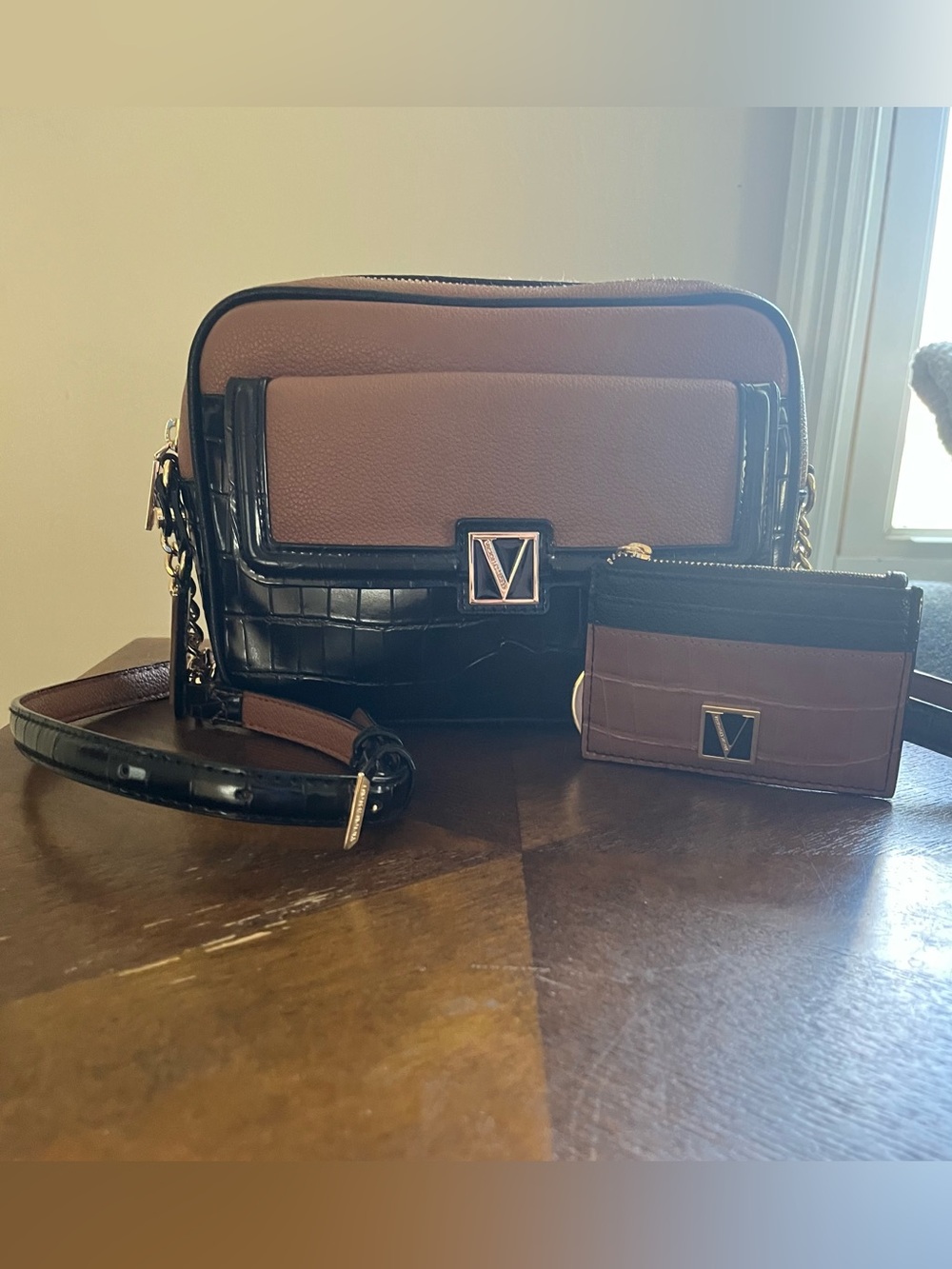Victoria’s Secret Two-Tone Brown & Black Crossbody Bag with Matching Card Pouch